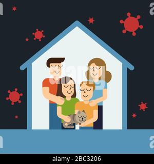 Bleiben Sie zu Hause Bewusstsein Social Media Kampagne und Coronavirus Prävention Familie lächeln und bleiben zusammen. Vektorgrafiken Stock Vektor