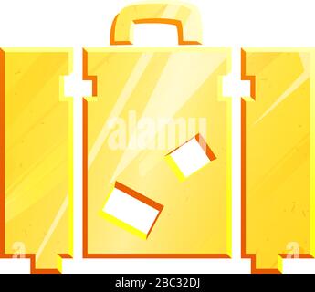Goldene Koffersymbol. Fahrsymbol isoliert auf weißem Hintergrund. Einfaches, solides Gepäckstück. Silhouette der Reisetasche. Metall-Auslöseobjekt. Stock Vektor
