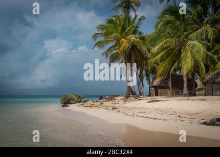 Grashütten hinter einer Reihe von Palmen, die am Rande des kristallklaren, aquamarin-karibischen Ozeans auf einer Insel vor Panama sitzen. Stockfoto