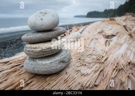 Ein Haufen Felsen liegt auf einem weißen Holzklotz an einem felsigen Strand in Port Renfrew, British Columbia, Kanada. Stockfoto