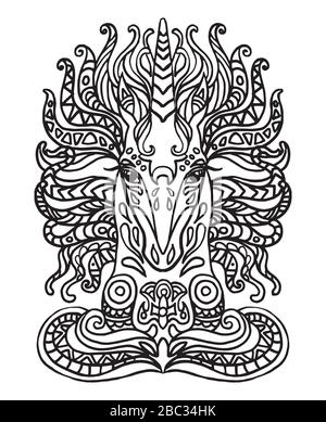 Vektor-Zentangle-Doodle-Farbgebung Antistress mit ornamentalem Einhorn-Porträt isoliert auf weißem Hintergrund. Illustration für dekoriertes T-Shirt, statio Stock Vektor