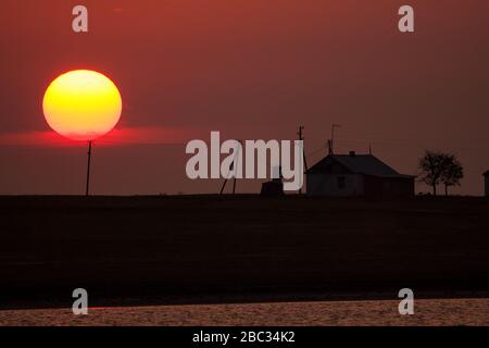 Ländliches Land in der Dämmerung. Riesige rote Sonne untergeht. Horizontal, Querformat. Stockfoto