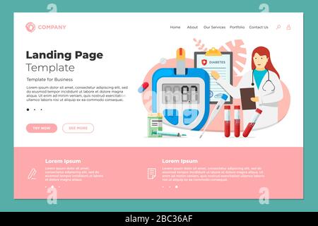 Arzt mit Glucometer zur Messung des Zuckerspiegels und Diabetes medizinische Diagnose Form Landing Page Design-Vorlage. Diabetisches Blutzuckermessgerät mit Pillen und Reagenzgläsern. Vektor-Website-Illustration Stock Vektor