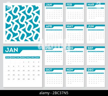 Satz mit 12 Monaten Kalender 2020 Jahr. Die Woche beginnt am Sonntag. Stock Vektor