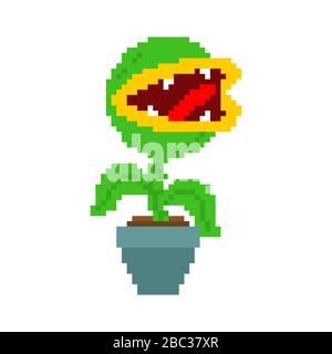 Flytrap Pixelkunst. Blumenraubtiere fleischfressende Pflanzen im Topf. Verärgerte Blumen mit Zähnen 8 Bit Stock Vektor