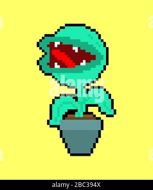Flytrap Pixelkunst. Blumenraubtiere fleischfressende Pflanzen im Topf. Verärgerte Blumen mit Zähnen 8 Bit Stock Vektor
