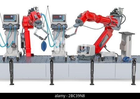 Roboterarme Produktion von medizinischem Beatmungsgerät, ICU. 3D-Rendering isoliert auf weißem Hintergrund Stockfoto