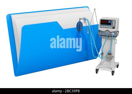 Symbol für Computerordner mit medizinischem Beatmungsgerät ICU. 3D-Rendering isoliert auf weißem Hintergrund Stockfoto