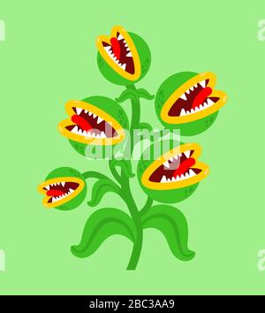 Flytrap Monster Plant. Fleischfressende Pflanzen des Blumenprädators. Wütende Blumen mit Zähnen Stock Vektor