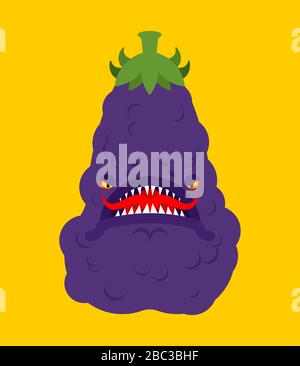 Aubergine Monster GMO Mutant. Verärgertes violettes Gemüse mit Zähnen. Abbildung: Vektor "Hungry Alien Food" Stock Vektor