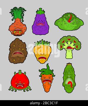 Gemüse Monster Set. Pflanzliche GMO-Mutante. Gentechnisch veränderte Tomato und Kohlkohl. Paprika und Aubergint. Kartoffeln, Zwiebeln und Brokkoli. Cucumb Stock Vektor