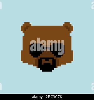 Cool Bear Pixel Art. Grizzly Gesicht 8 Bit. Vektorgrafiken mit Druckkopf Stock Vektor