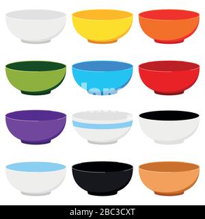 Suppenschüssel-Symbole werden isoliert auf weißem Hintergrund angezeigt. Stock Vektor