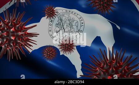 Ein Coronavirus, das sich mit der Flagge des US-Bundesstaates als epidemische Ausbruchsinfektion in Wyoming dreht Stockfoto