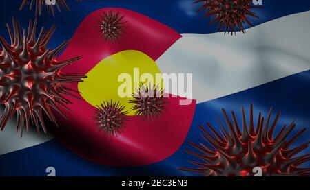 Ein Coronavirus, das sich mit der Flagge des US-Bundesstaates als epidemische Ausbruchsinfektion in Colorado dreht Stockfoto