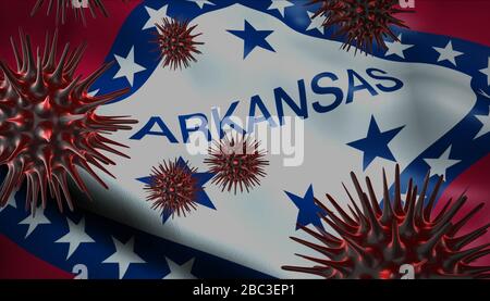 Ein Coronavirus, das sich mit der Flagge des US-Bundesstaates als epidemische Ausbruchsinfektion in Arkansas dreht Stockfoto