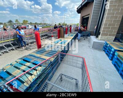 Käufer sind bei Costco dabei, soziale Distanzierung aufrechtzuerhalten. Holzpaletten wurden aufgestellt, um Menschen dabei zu helfen, sich auseinander zu halten und eine Linie zu bilden, die genügend Raum zueinander hat. Stockfoto