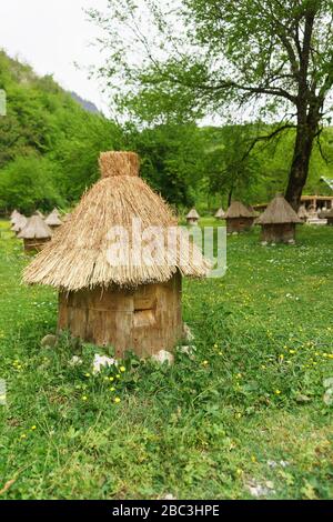 Mit Strohhalm bedeckter Bienen aus Holz steht in einer blühenden Wiese. Wildhaufenhonig Stockfoto