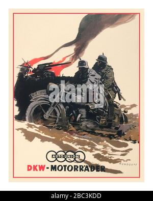 Jahrgang der vierziger Jahre WW2 Propaganda Motorrad DKW-Motorrader Magazinseite, mit Truppen der Wehrmacht auf einem Schlachtfeld Deutschland, 1941 DKW (Dampf-Kraft-Wagen, Englisch: Dampftriebwagen) ein deutscher Auto- und Motorradhersteller. Das Unternehmen und die Marke gehören als eines der vier Unternehmen, die Auto-Union gegründet haben, zu den Ahnengesellschaften des modernen Audi Unternehmens. Weltkrieg Stockfoto
