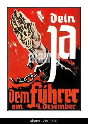 Propaganda-Plakat "Ihr ja zum Führer am 4. Dezember", annektiertes Sudetenland, 1938 Plakat, das auf die Unterstützung der Annektierung des Sudetenlandes, der Tschechoslowakei, 1938, drängt. Wahlplakat für die Sudetendeutschen Nachwahlen. Die Sudetendeutschen haben am 4. Dezember für die Angliederung des Sudetenlandes an das Deutsche Dritte Reich gestimmt. Stockfoto