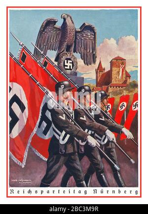 Retro Nazi SS Propaganda-Karte Poster 1938 SS Vorbeimarsch, Parteitags-Sonderstempel-Rallye. 1938 SS Vorbeimarsch, Parteitags-Sonderstempel. März der SS für den Reichsparteitag von Nürnberg 1938 / NSU Nürnberg im Nazi-Deutschland Stockfoto