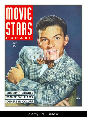 FRANK SINATRA vierziger Jahre Magazin Movie Stars Parade Mai 1945. Auf dem Cover ist Frank Sinatra zu sehen, der in Anchors Aweigh spielte, einem Film, der zwei Monate nach dieser Ausgabe im Juli 1945 veröffentlicht wurde. Das Cover bezieht sich auch auf Bing Crosby, Betty Grable und Esther Williams. Hollywood USA Sänger amerikanischer Filmschauspieler, Filmemacher, Produzent, Showman, Sänger. Elf Mal wurde Grammy Award Gewinner. Er war berühmt für den romantischen Stil der Aufführung von Songs und die Klangfarbe seiner Stimme. Im 20. Jahrhundert wurde Sinatra nicht nur in der musikalischen Welt, sondern auch in allen Bereichen der amerikanischen Kultur zur Legende Stockfoto