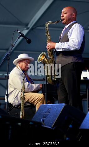 Ellis Marsalis, legendäre und Bebop- und Jazzpianistin. Mit Sohn Delfeayo. Stockfoto