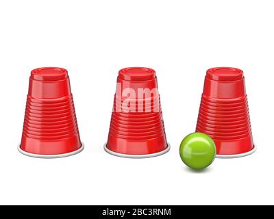 Shell-Spiel drei rote Becher und Green Ball 3D Render-Illustration isoliert auf weißem Hintergrund Stockfoto