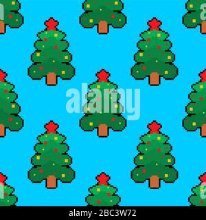 Christmas Tree Pixel Art Muster nahtlos. Fichte 8-Bit-Hintergrund. Xmas Pixelate Vektortextur Stock Vektor
