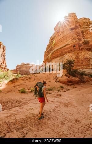 Eineinreisende Wanderinnen wandern auf einem getrockneten Flussbett unter roten Canyon Klippen Stockfoto