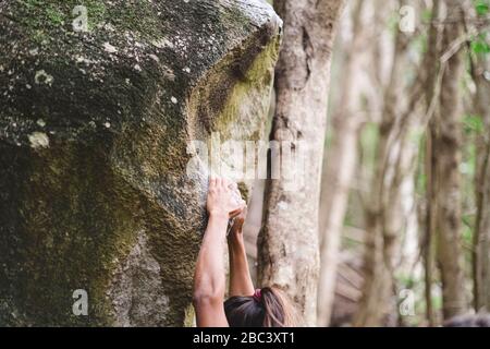 Oberkörper einer Klettererin, die einen Felsen in einem Wald klettert Stockfoto