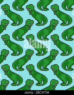 Tyrannosaurus Pixel-Art-Muster nahtlos. Dino 8-Bit-Hintergrund. Dinosaurier-Pixelat-Schmuck. Strukturvektor für Babygewebe Stock Vektor