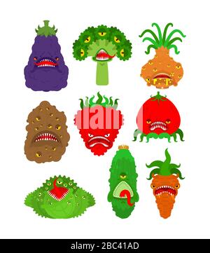 Gemüse Monster Set. Pflanzliche GMO-Mutante. Gentechnisch veränderte Tomato und Kohlkohl. Paprika und Aubergint. Kartoffeln, Zwiebeln und Brokkoli. Cucumb Stock Vektor