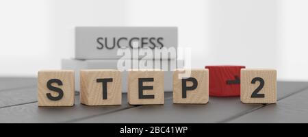 Buchstaben mit dem Wort STEP und Nummer 2 auf Holzwürfeln Business Progress Concept 3d machen die Darstellung hell im Bürohintergrund Stockfoto