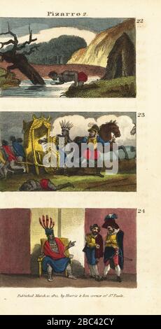 Der gebürtige Peruaner, der Chinin aus Cinchona Bark 22 entdeckte, Francisco Pizarro, der den Inka-Kaiser Atahualpa 23 benahm, und Atahualpa, der Pizarro als Analphabeten aussetzte 24. Handfarbige Kupferstichgravur aus den Szenen von Rev. Isaac Taylor in Amerika, für die Unterhaltung und die Anweisung von Little Tarry-at-Home Travelers, John Harris, London, im Jahre 181. Stockfoto