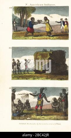 Der Dolmetscher Sacagawea hat sich auf Lewis und Clarkes Expedition 49 wieder mit dem Shoshone Volk vereint, ein gebürtiger Amerikaner präsentiert dem Medicine Stone 50 eine Tabakpfeife und amerikanische Ureinwohner rauchen die Peace Pipe 51. Handfarbige Kupferstichgravur aus den Szenen von Rev. Isaac Taylor in Amerika, für die Unterhaltung und die Anweisung von Little Tarry-at-Home Travelers, John Harris, London, im Jahre 181. Stockfoto