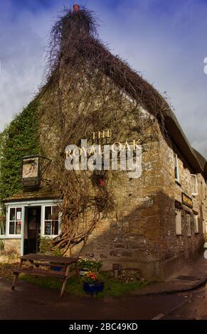 Schöne alte Einfamilienhaus reetgedeckten Landhaus im Dorf Ashmore, Dorset, England, UK im Sommer Stockfoto