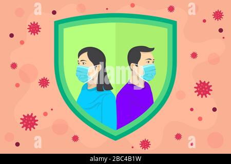 Abbildung Konzept Coronavirus COVID-19. Männer und Frauen verwenden Masken, um Corona-Viren zu verhindern. In einem Schild dargestellt. Stock Vektor