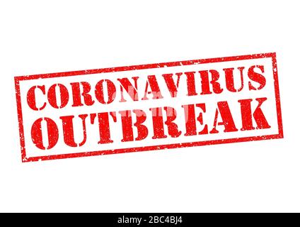 CORONAVIRUS AUSBRUCH roter Gummistempel über weißem Hintergrund. Stockfoto