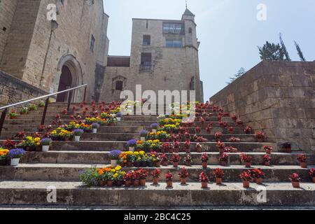 Treppenhaus im Gotischen Viertel Girona dekorierte Blumen Tiempo de Flors Festival Stockfoto