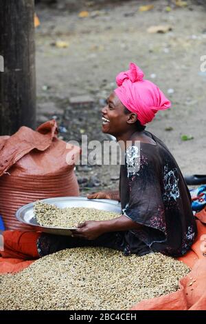 Eine äthiopische Frau, die Kaffeebohnen in der Region Oromia in Äthiopien sortiert. Stockfoto