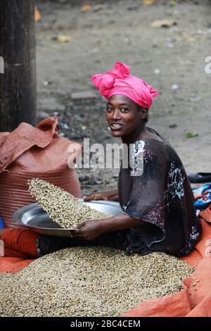 Eine äthiopische Frau, die Kaffeebohnen in der Region Oromia in Äthiopien sortiert. Stockfoto