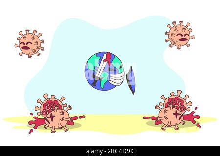 Erde tötet den gesamten Corona-Virus. Konzept des Kampfes gegen Coronavirus. Erde kämpft gegen Corona-Virus. Welt gegen Corona-Virus. Stock Vektor