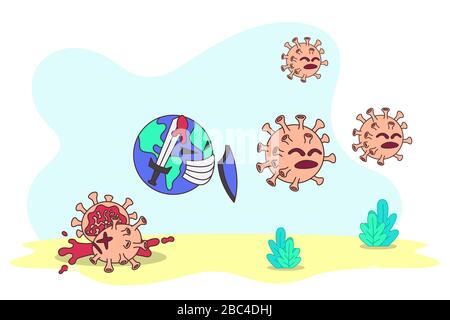 Vektor-Abbildung bekämpfen den Kovid-19-Corona-Virus. Erde kämpft gegen Corona-Virus eine Metapher über uns, die gegen den Corona-Virus kämpft. Stock Vektor