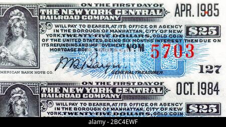 Abschluss eines Coupons für die New York Central Railroad Company für 25 US-Dollar Stockfoto