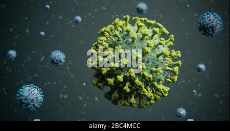 Grünes COVID-19 Corona Influenza-Virus-Molekül mit blauen Kontrastmolekülen schwebend in Partikeln - nCOV Coronavirus Pandemie-Ausbruch Abdeckung Foto 3D Stockfoto