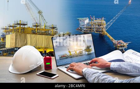 Rohölindustrie auf dem Ölfeld und Bau von Offshore-Bohranlagen für Produktionsöl und Gas. Prozesskonzept Betrieb durch Techniker oder Techniker von Stockfoto