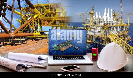 Rohölindustrie auf dem Ölfeld und Bau von Offshore-Bohranlagen für Produktionsöl und Gas. Prozesskonzept Betrieb durch Techniker oder Techniker von Stockfoto
