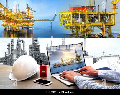 Rohölindustrie auf dem Ölfeld und Bau von Offshore-Bohranlagen für Produktionsöl und Gas. Prozesskonzept Betrieb durch Techniker oder Techniker von Stockfoto