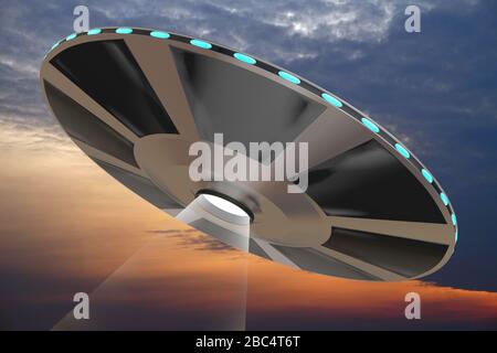 UFO, Himmel im Hintergrund - 3D-Rendering Stockfoto